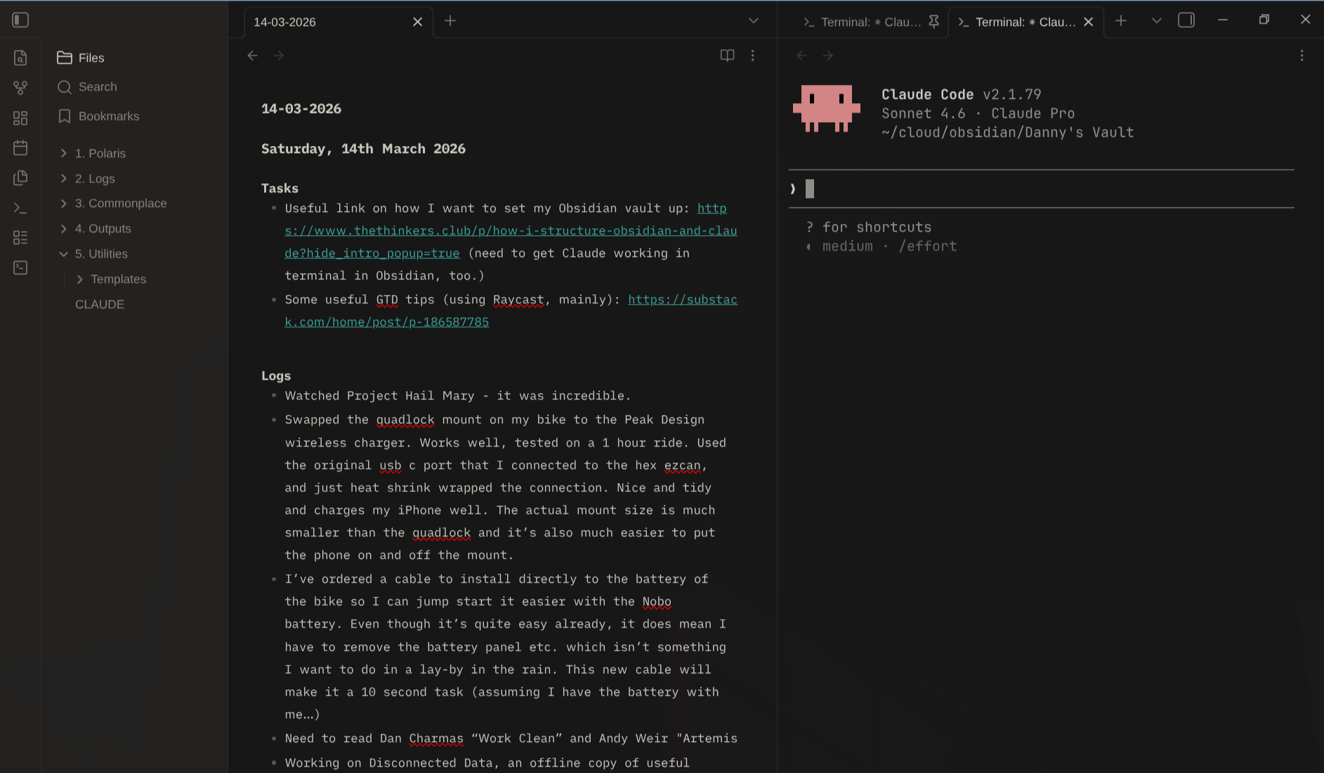 Obsidian vault open alongside Claude Code in the terminal